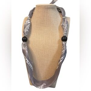 (#144) Gray Patterned Scarf Necklace with Black Beads